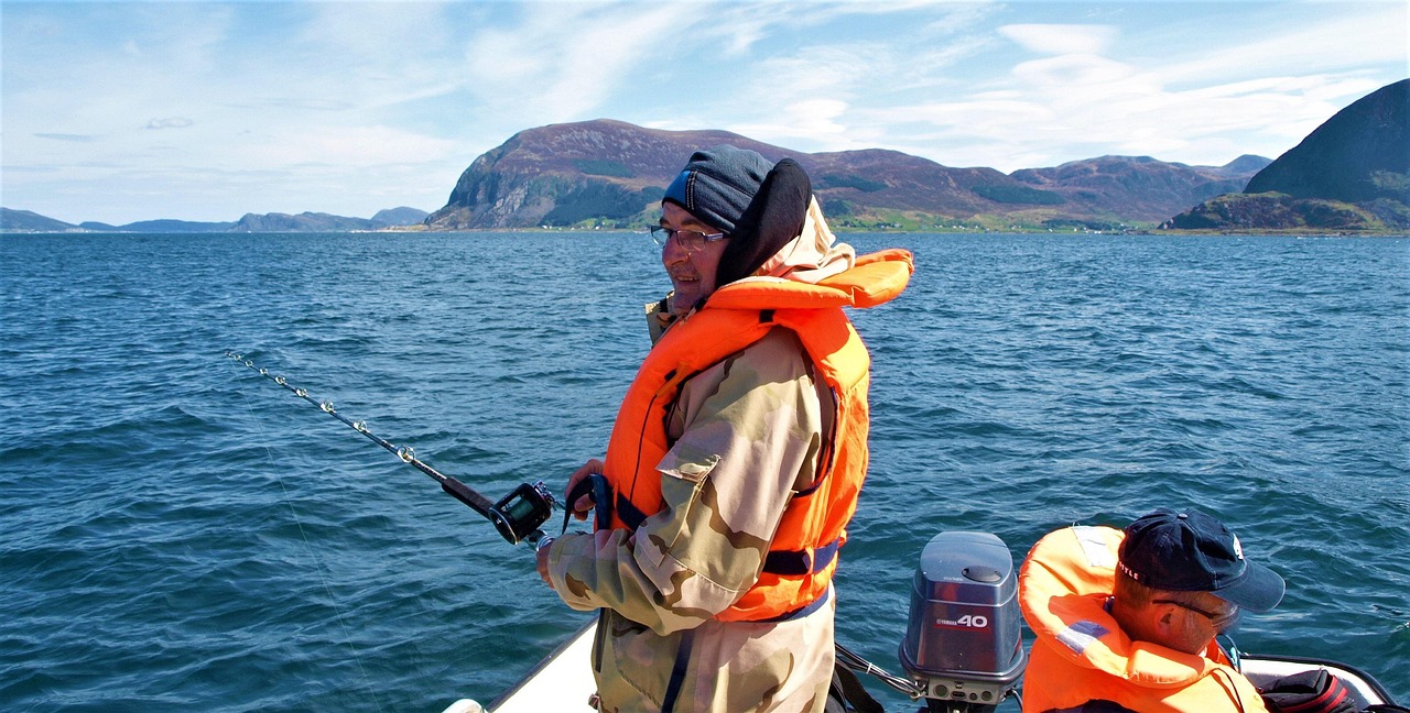 men, fishing, fish, fishermen, life jackets, nature, fishing rod, mountains, water, deep sea fishing, fjord fishing, norway